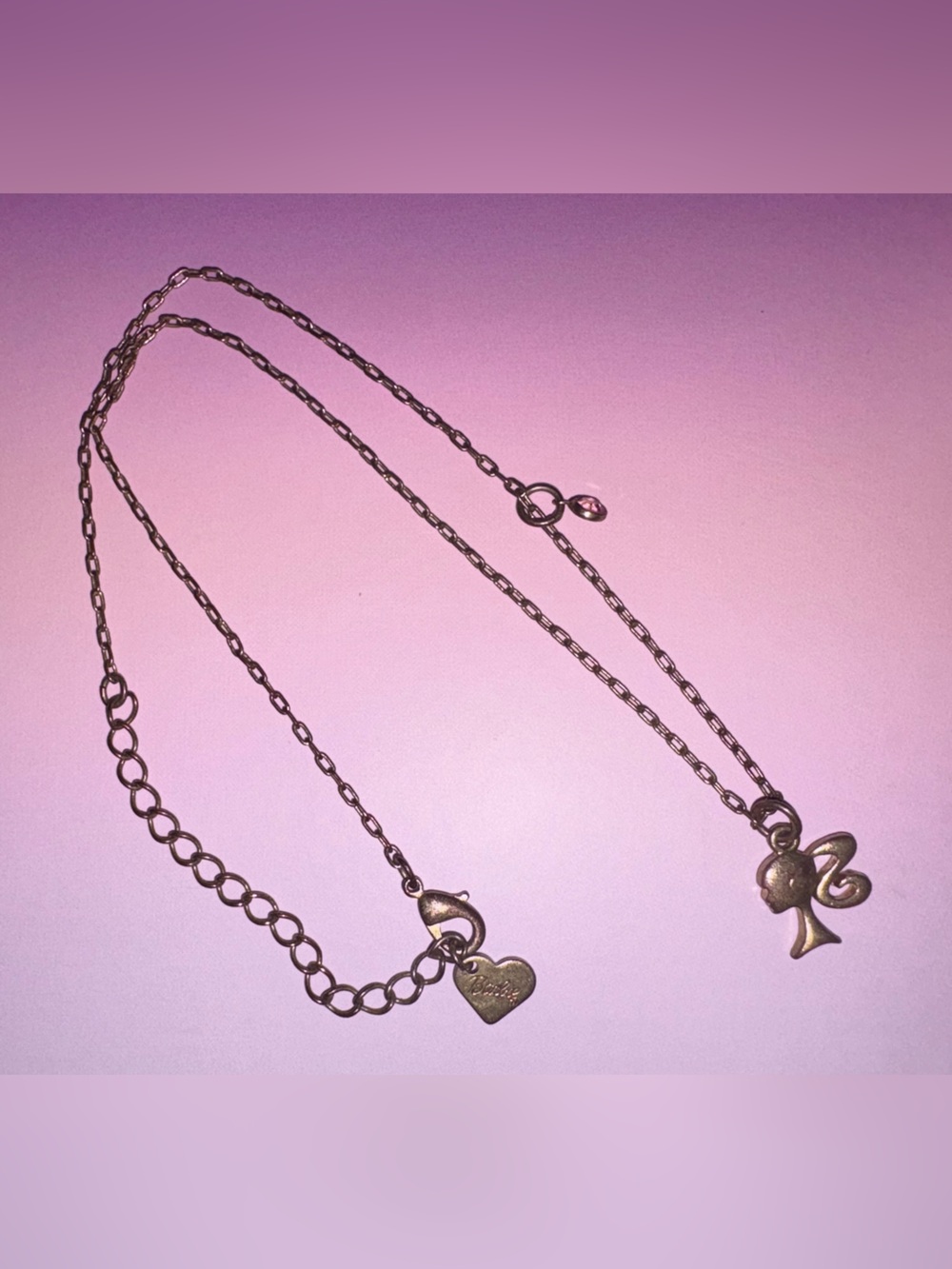 Vintage 90s Barbie Necklace with Iconic Ponytail, Heart & Pink Jewel Charms